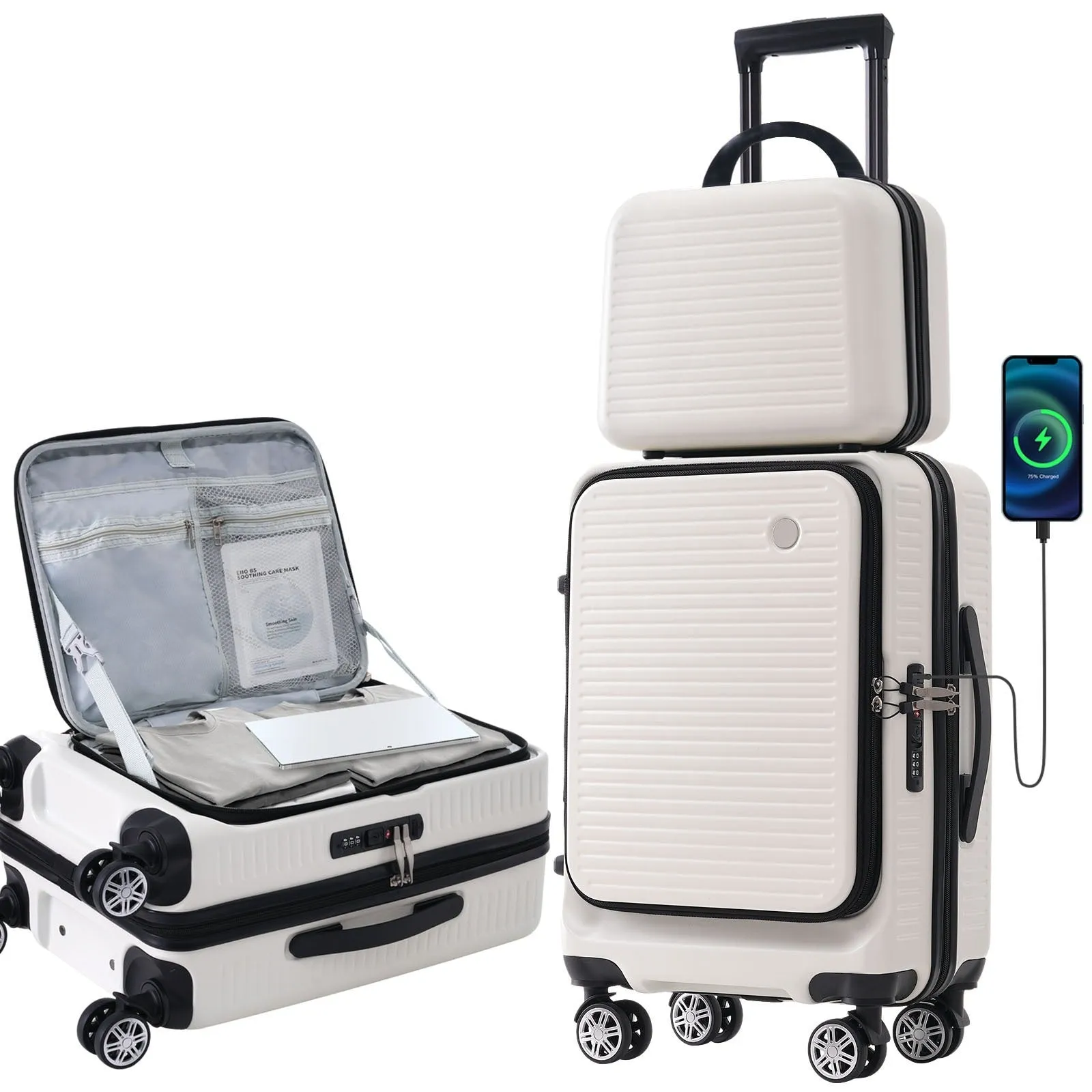 2 Pcs Carry-on Luggage Set, 20" Front Loading Suitcase USB Port TSA Lock, with Underseat Case