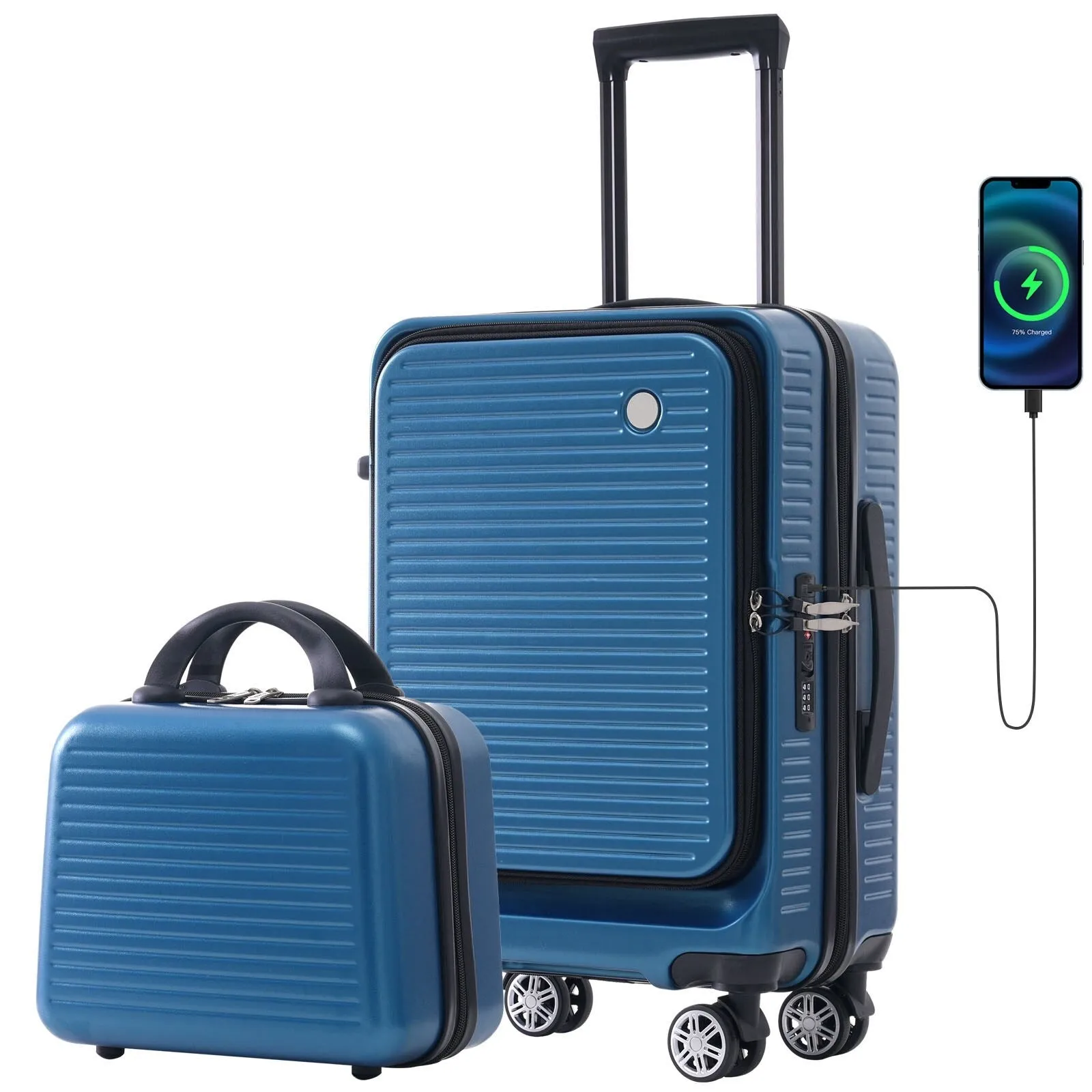 2 Pcs Carry-on Luggage Set, 20" Front Loading Suitcase USB Port TSA Lock, with Underseat Case