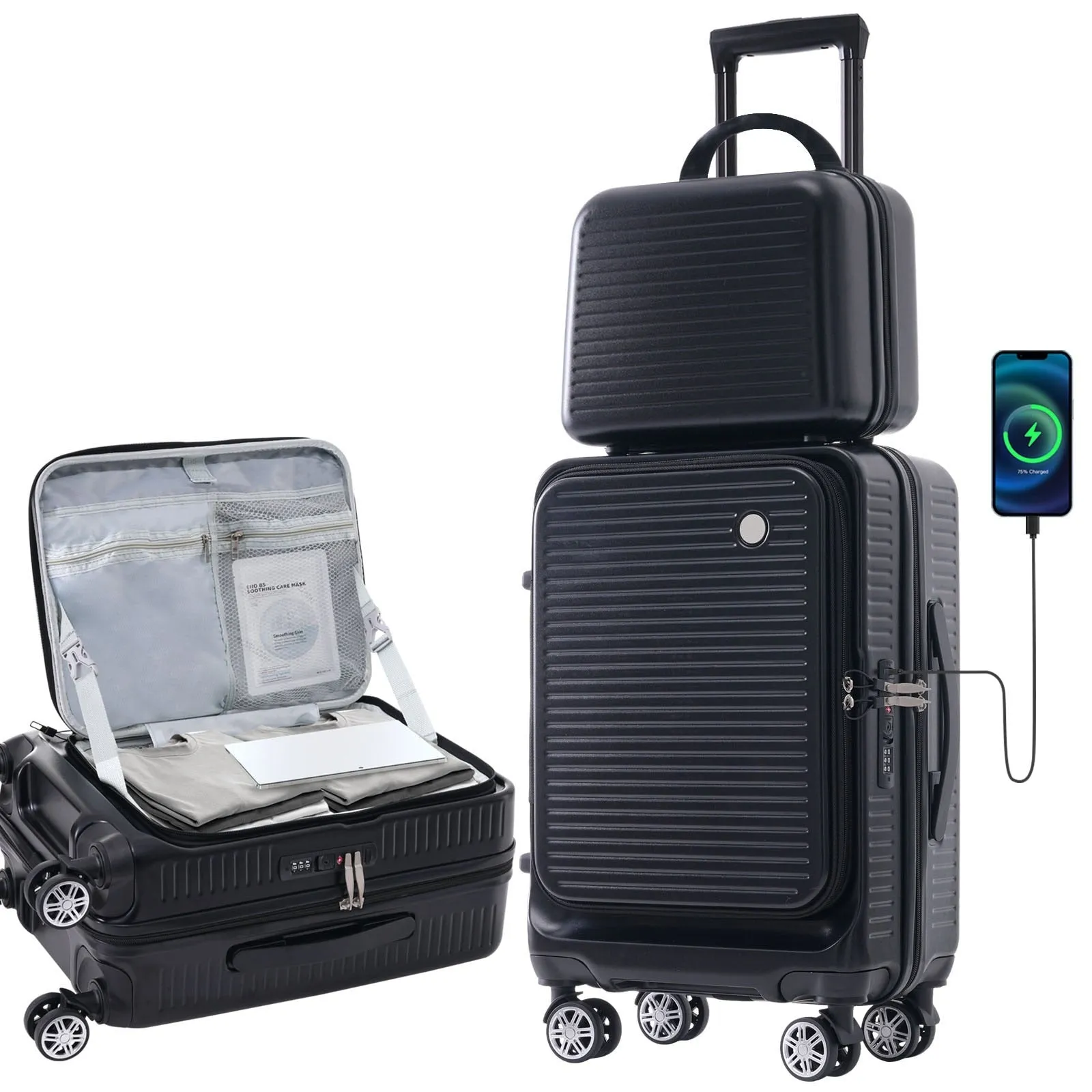 2 Pcs Carry-on Luggage Set, 20" Front Loading Suitcase USB Port TSA Lock, with Underseat Case
