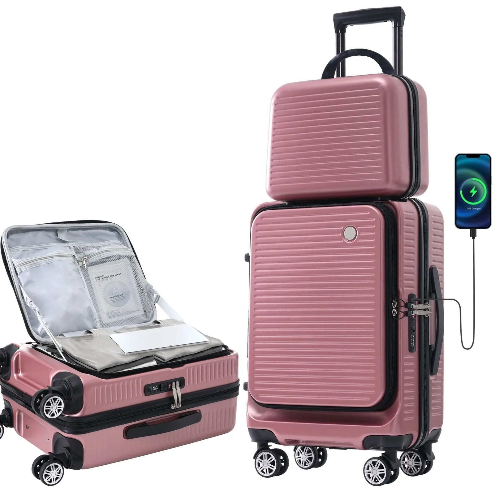 2 Pcs Carry-on Luggage Set, 20" Front Loading Suitcase USB Port TSA Lock, with Underseat Case