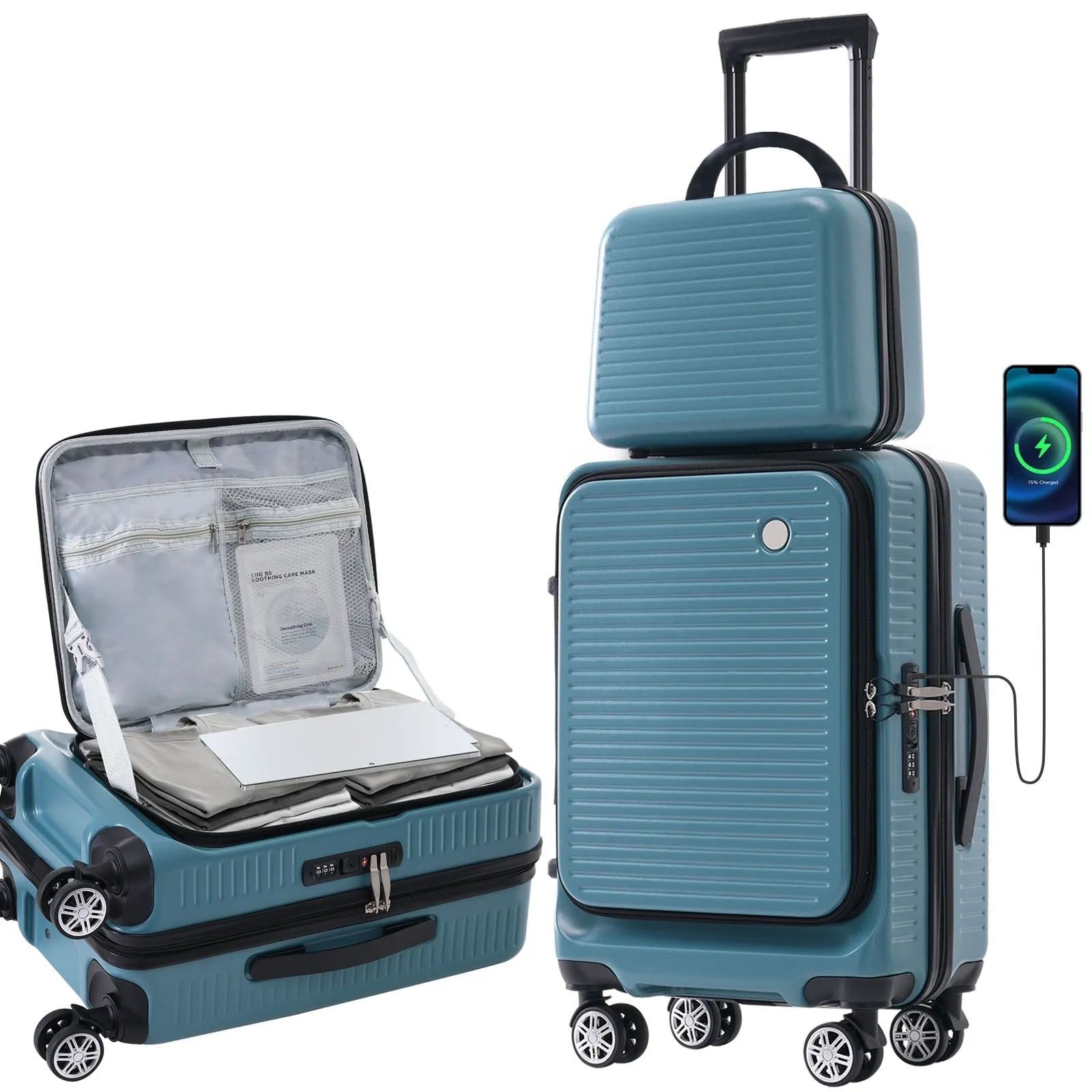 2 Pcs Carry-on Luggage Set, 20" Front Loading Suitcase USB Port TSA Lock, with Underseat Case