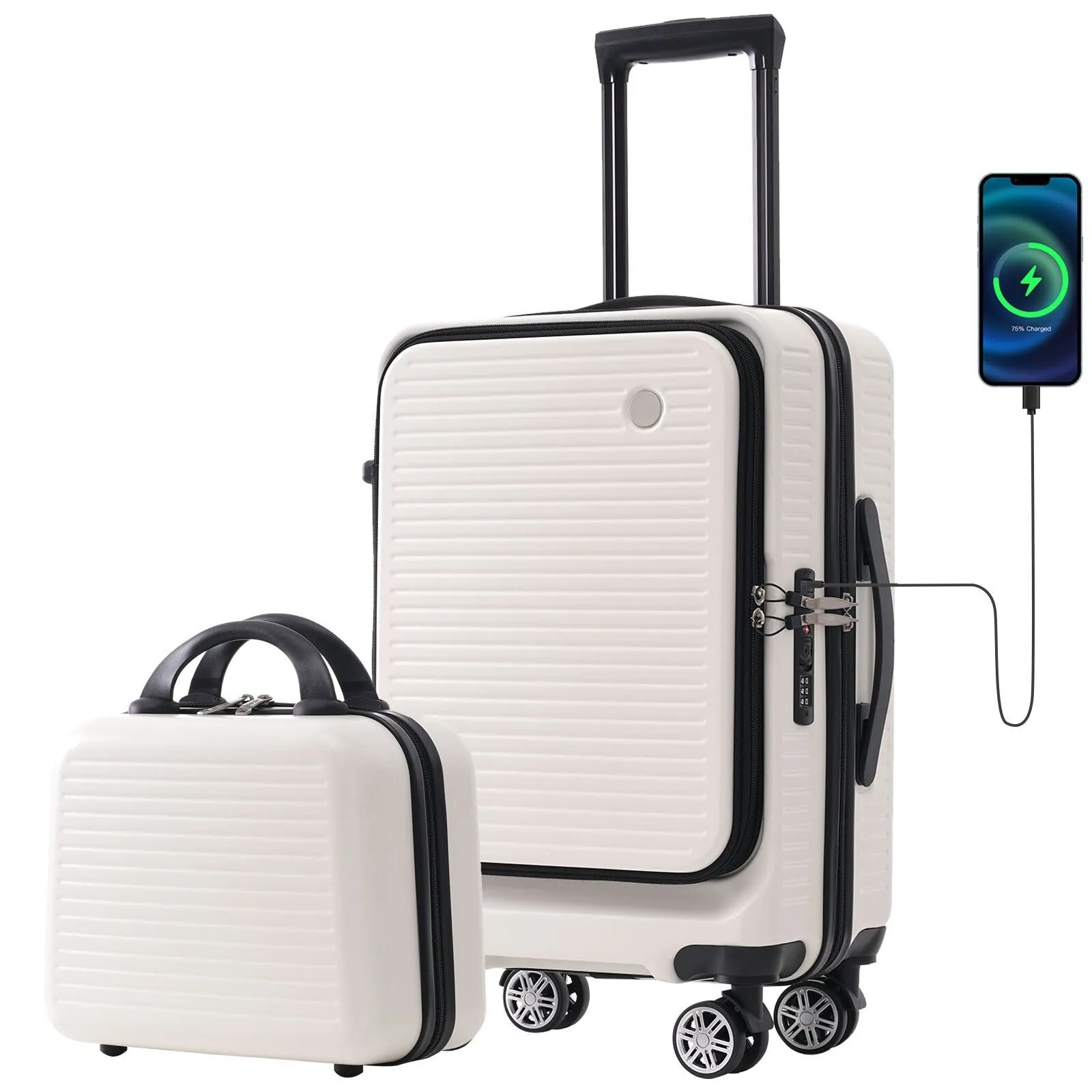2 Pcs Carry-on Luggage Set, 20" Front Loading Suitcase USB Port TSA Lock, with Underseat Case