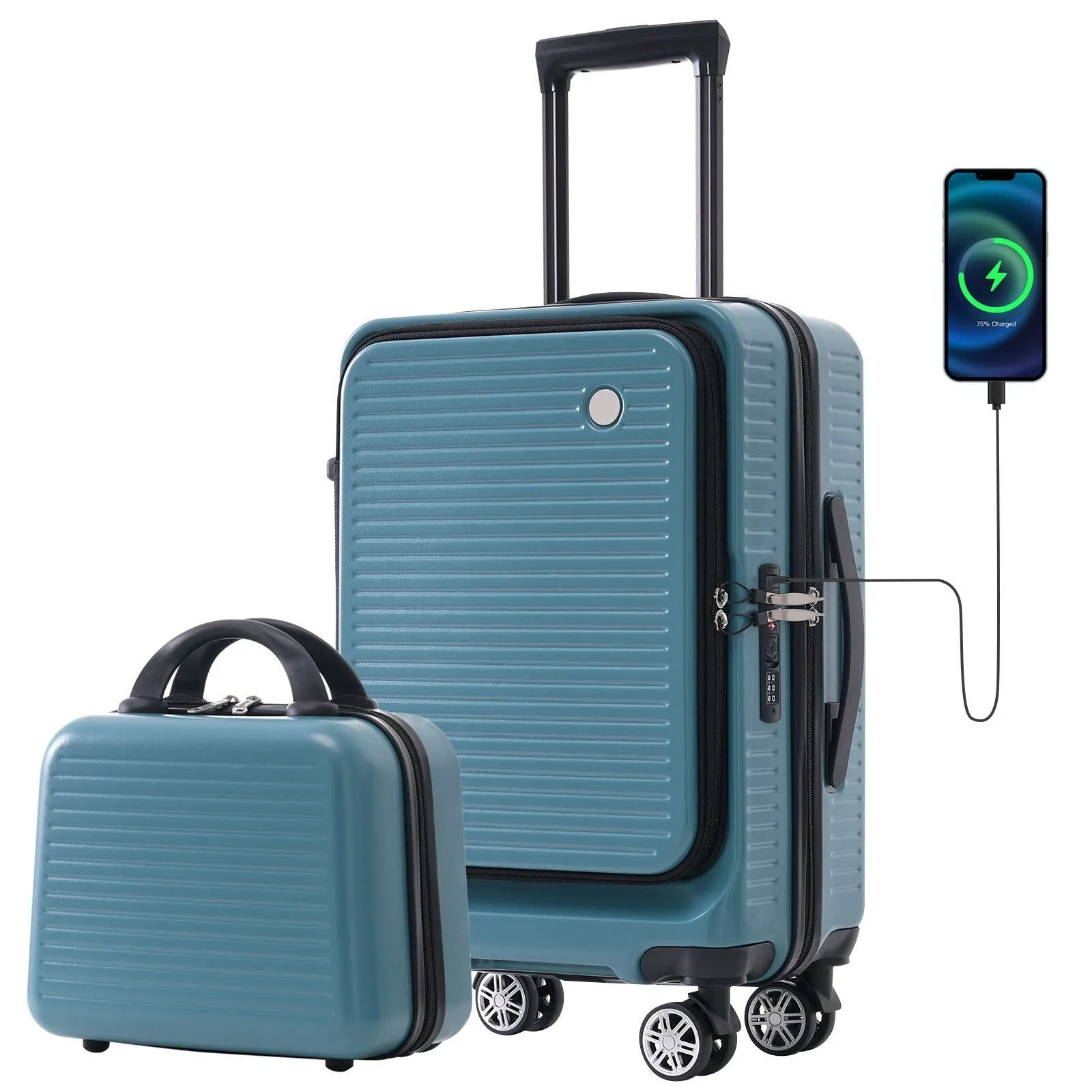 2 Pcs Carry-on Luggage Set, 20" Front Loading Suitcase USB Port TSA Lock, with Underseat Case