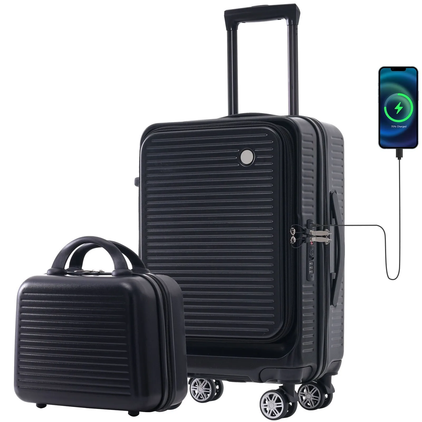 2 Pcs Carry-on Luggage Set, 20" Front Loading Suitcase USB Port TSA Lock, with Underseat Case
