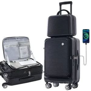 2 Pcs Carry-on Luggage Set, 20" Front Loading Suitcase USB Port TSA Lock, with Underseat Case