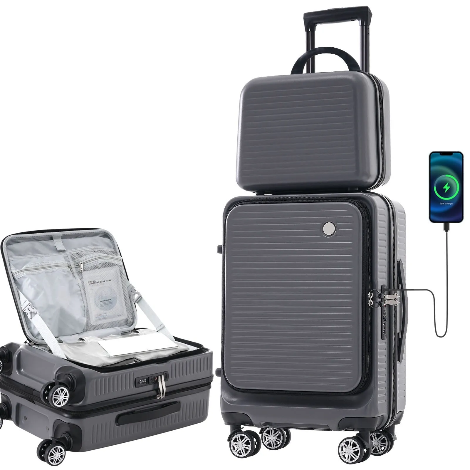 2 Pcs Carry-on Luggage Set, 20" Front Loading Suitcase USB Port TSA Lock, with Underseat Case