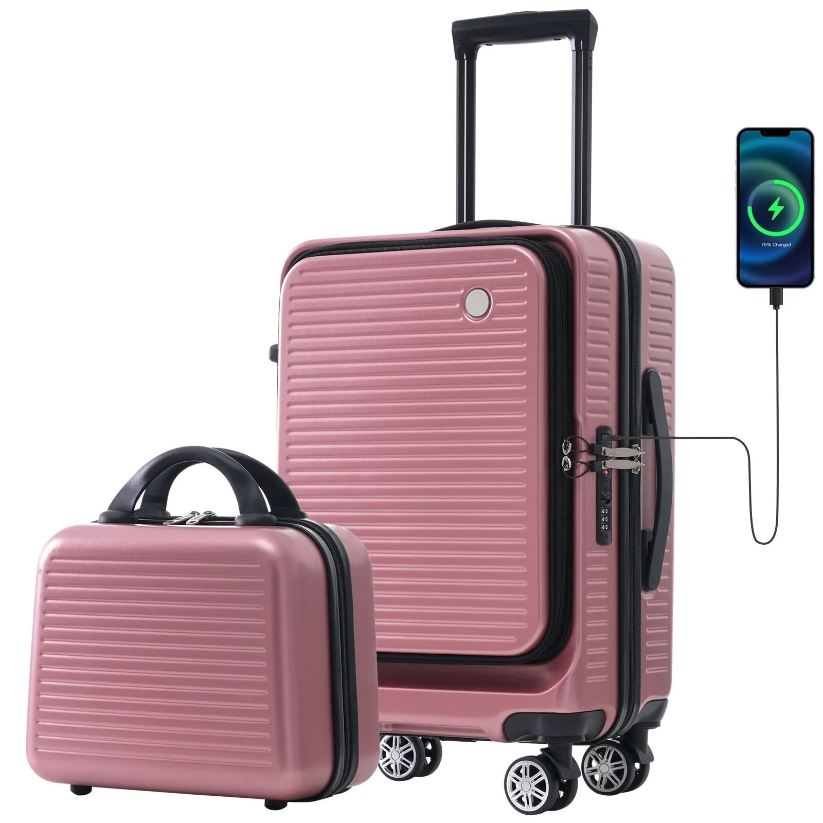 2 Pcs Carry-on Luggage Set, 20" Front Loading Suitcase USB Port TSA Lock, with Underseat Case