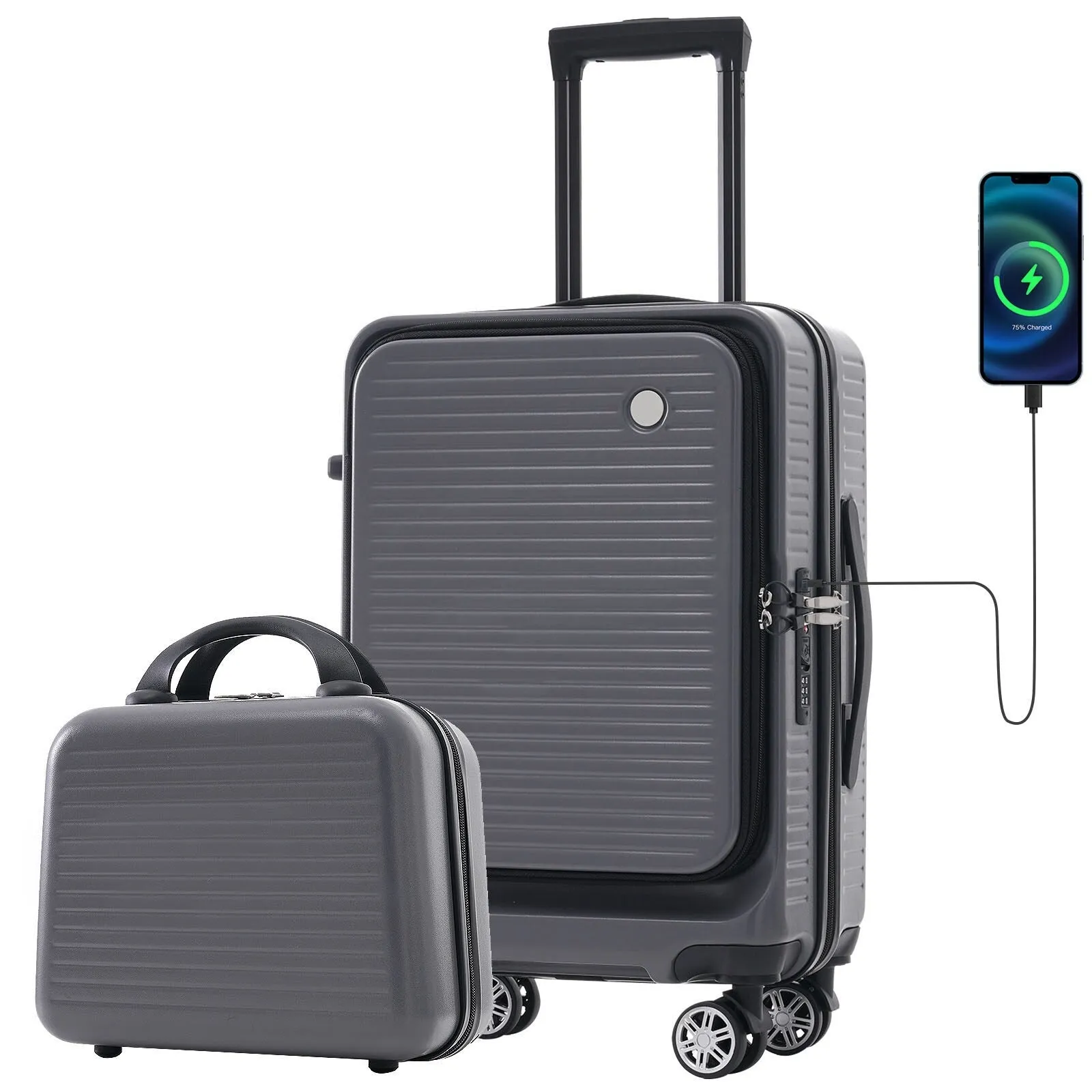 2 Pcs Carry-on Luggage Set, 20" Front Loading Suitcase USB Port TSA Lock, with Underseat Case