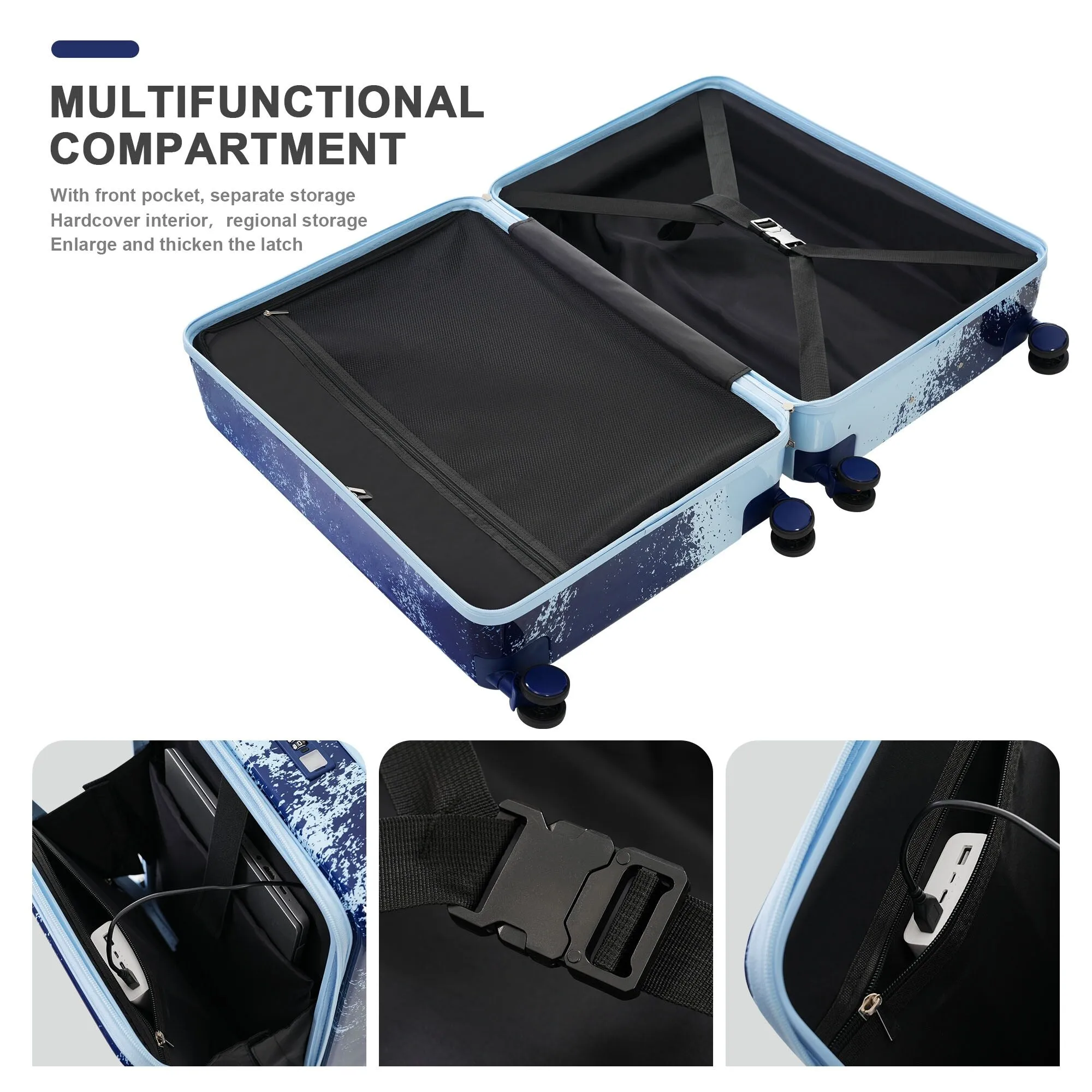20/24/28" Luggage Set with TSA Lock and Cup Holder, Hardsided Luggage with Front Pocket and Usb Interface & Silent Spinner Wheel