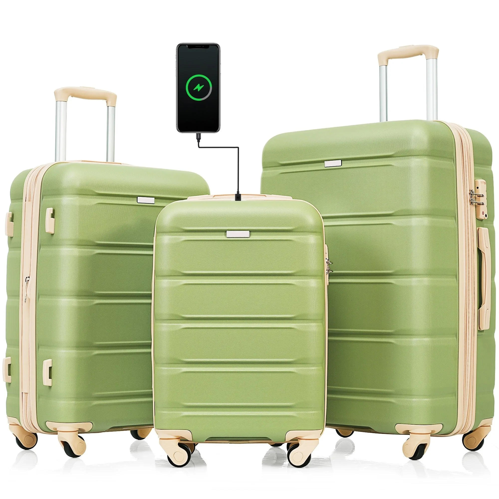 3 Pcs Luggage Set, 20-inch with USB Port & Cup Holder, ABS Hard Shell Luggage with Spinner Wheels 20''24''28''