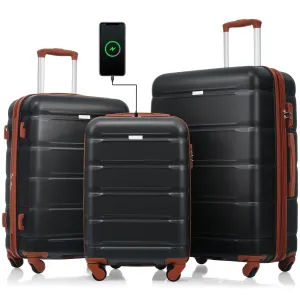 3 Pcs Luggage Set, 20-inch with USB Port & Cup Holder, ABS Hard Shell Luggage with Spinner Wheels 20''24''28''
