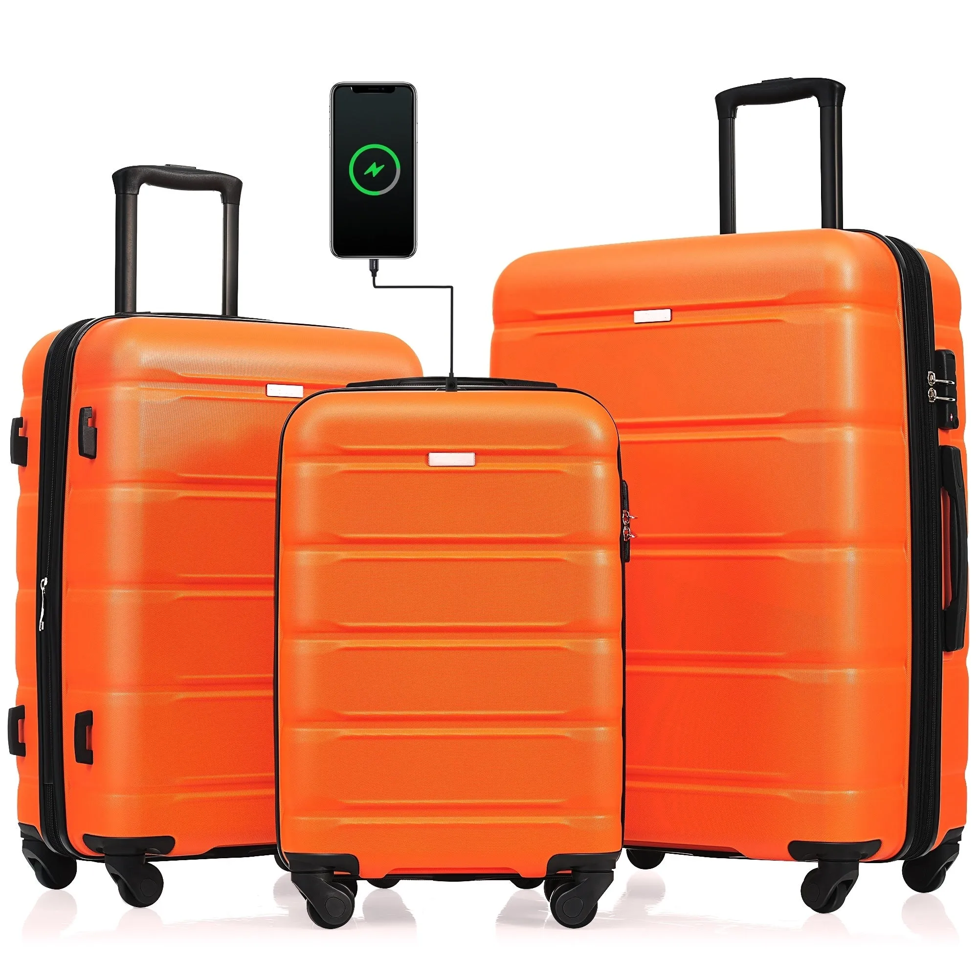 3 Pcs Luggage Set, 20-inch with USB Port & Cup Holder, ABS Hard Shell Luggage with Spinner Wheels 20''24''28''