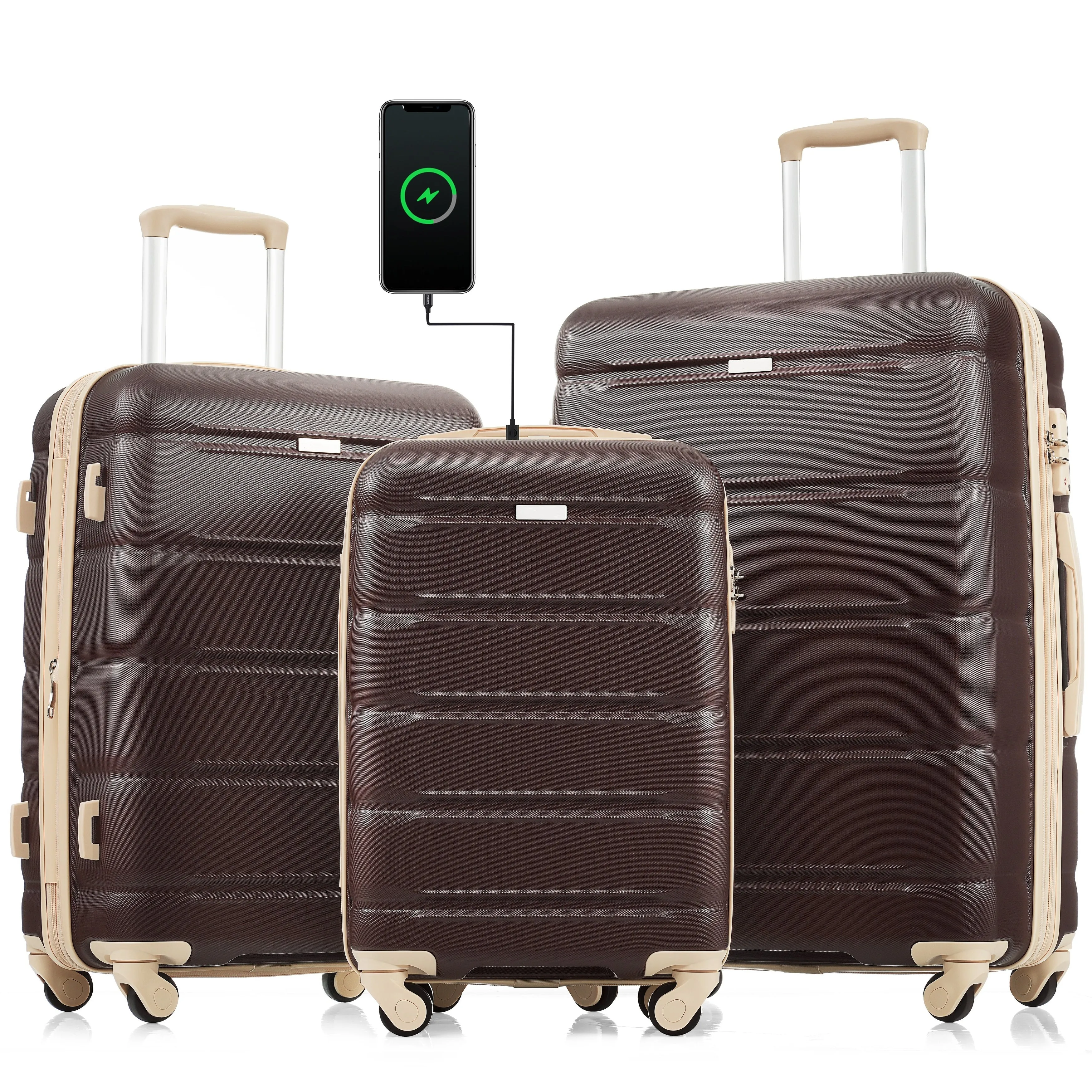 3 Pcs Luggage Set, 20-inch with USB Port & Cup Holder, ABS Hard Shell Luggage with Spinner Wheels 20''24''28''