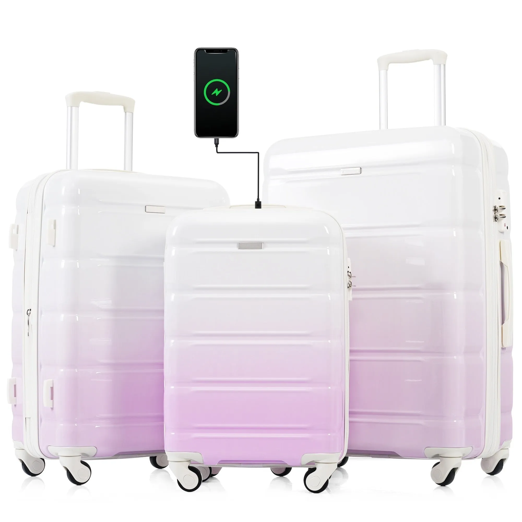 3 Pcs Luggage Set, 20-inch with USB Port & Cup Holder, ABS Hard Shell Luggage with Spinner Wheels 20''24''28''