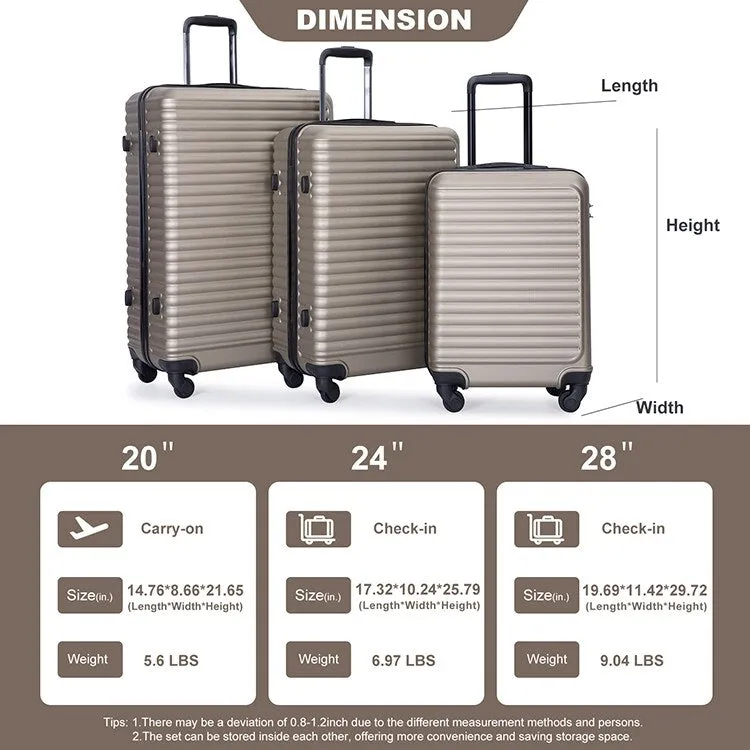 3 Piece ABS Lightweight Suitcase Luggage Sets with Two Hooks,TSA Lock