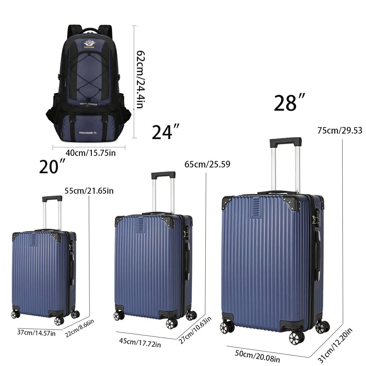 3-piece Luggage Set with Hiking Bag and Password Lock & Rollers Wheels
