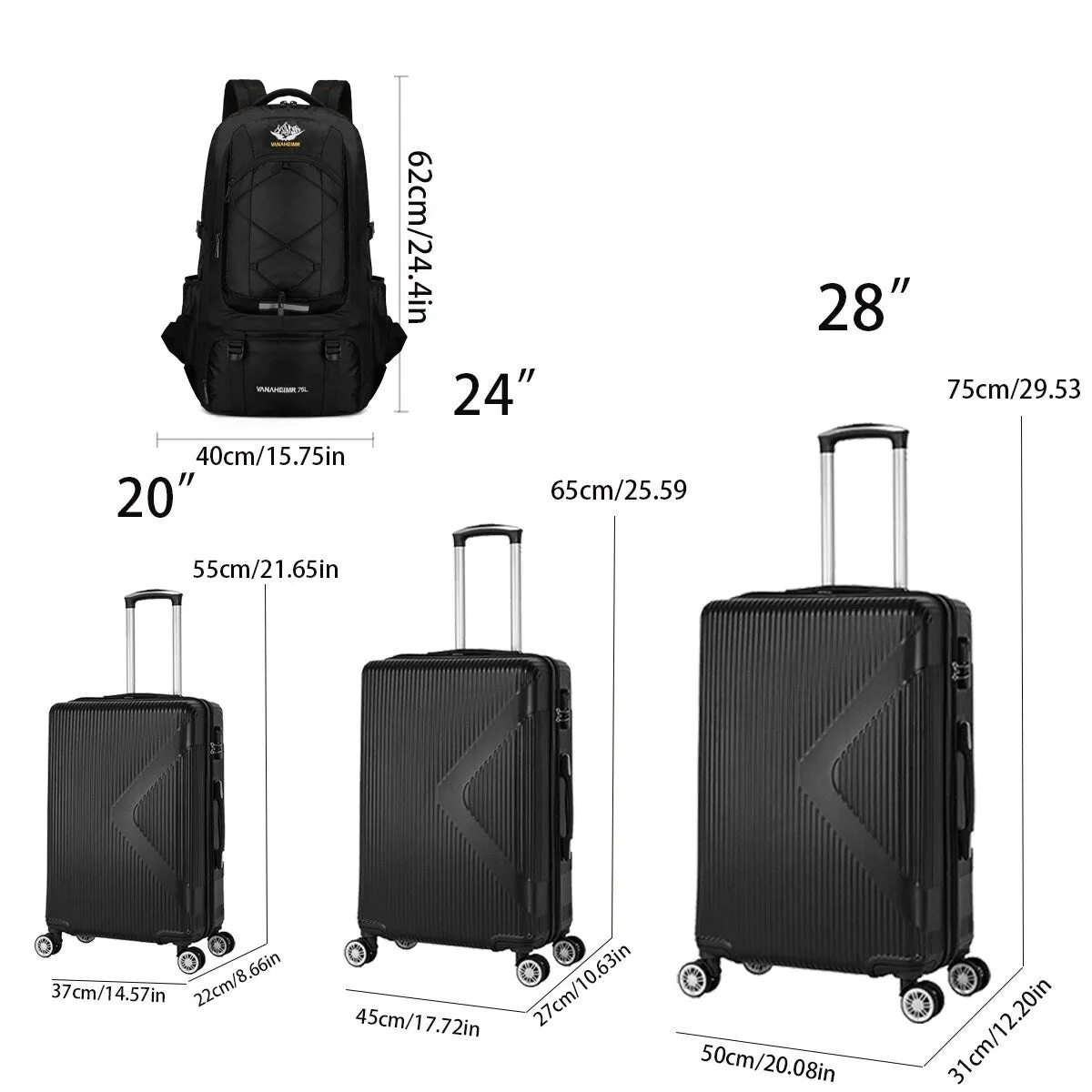 3-piece Luggage Set with Hiking Bag and Password Lock & Rollers Wheels