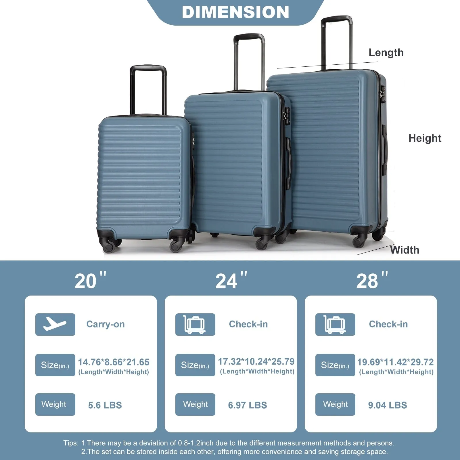 3 Piece Luggage Sets ABS Lightweight Suitcase with Two Hooks, Spinner Wheels, TSA Lock, (20/24/28)