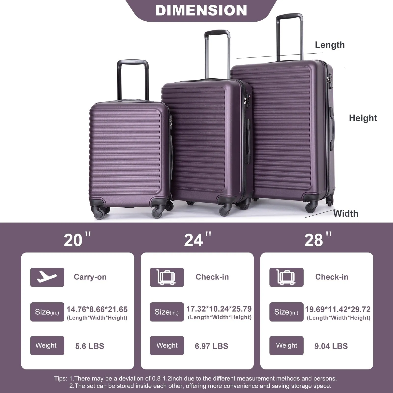 3 Piece Luggage Sets ABS Lightweight Suitcase with Two Hooks, Spinner Wheels, TSA Lock, (20/24/28)