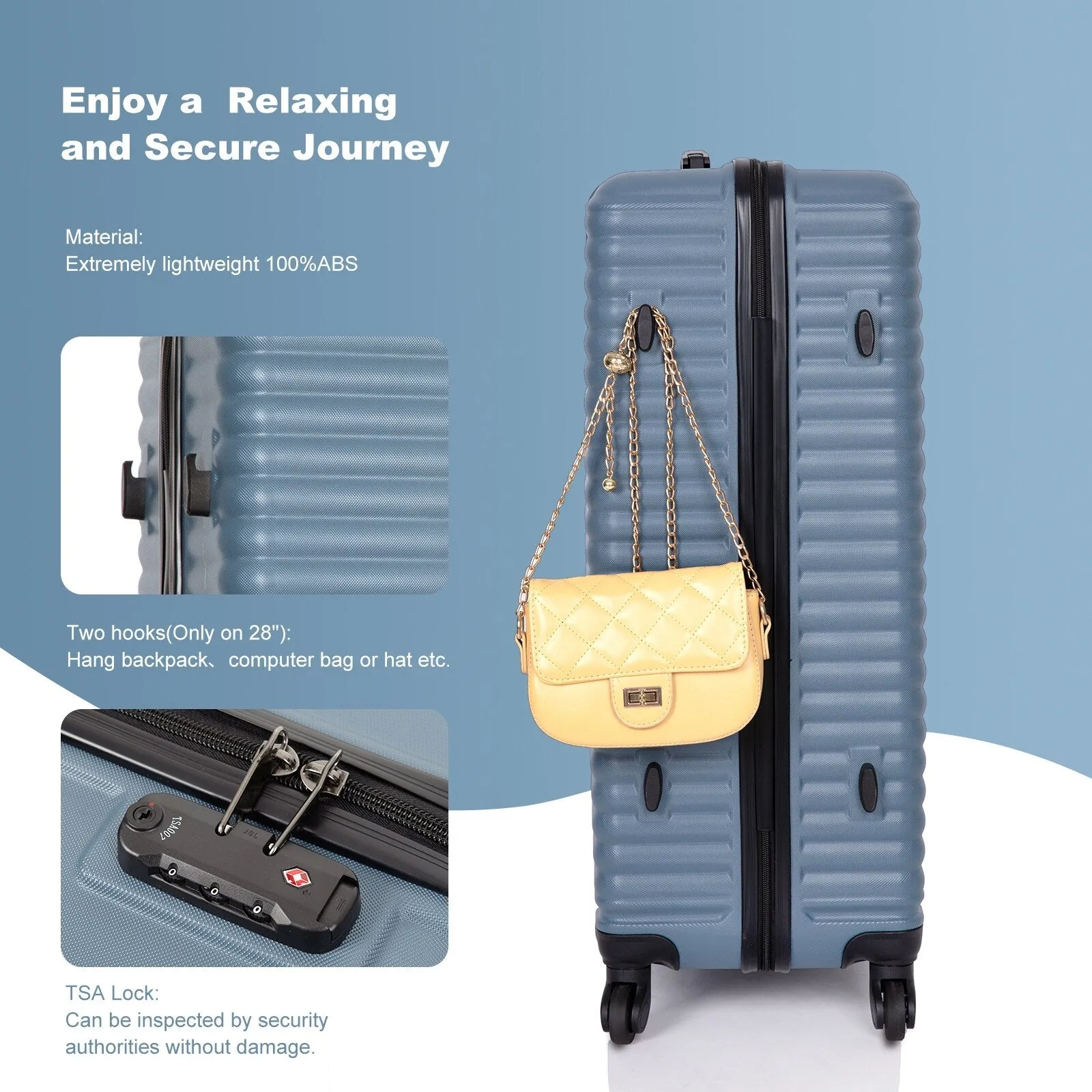 3 Piece Luggage Sets ABS Lightweight Suitcase with Two Hooks, Spinner Wheels, TSA Lock, (20/24/28)