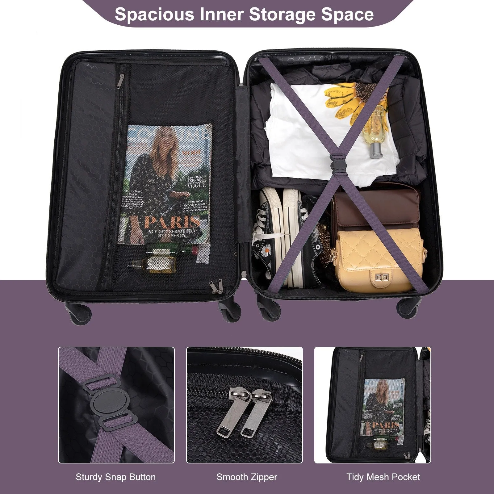 3 Piece Luggage Sets ABS Lightweight Suitcase with Two Hooks, Spinner Wheels, TSA Lock, (20/24/28)
