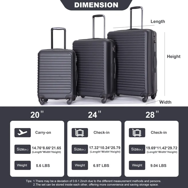 3 Piece Luggage Sets ABS Lightweight Suitcase with Two Hooks, Spinner Wheels, TSA Lock, (20/24/28)