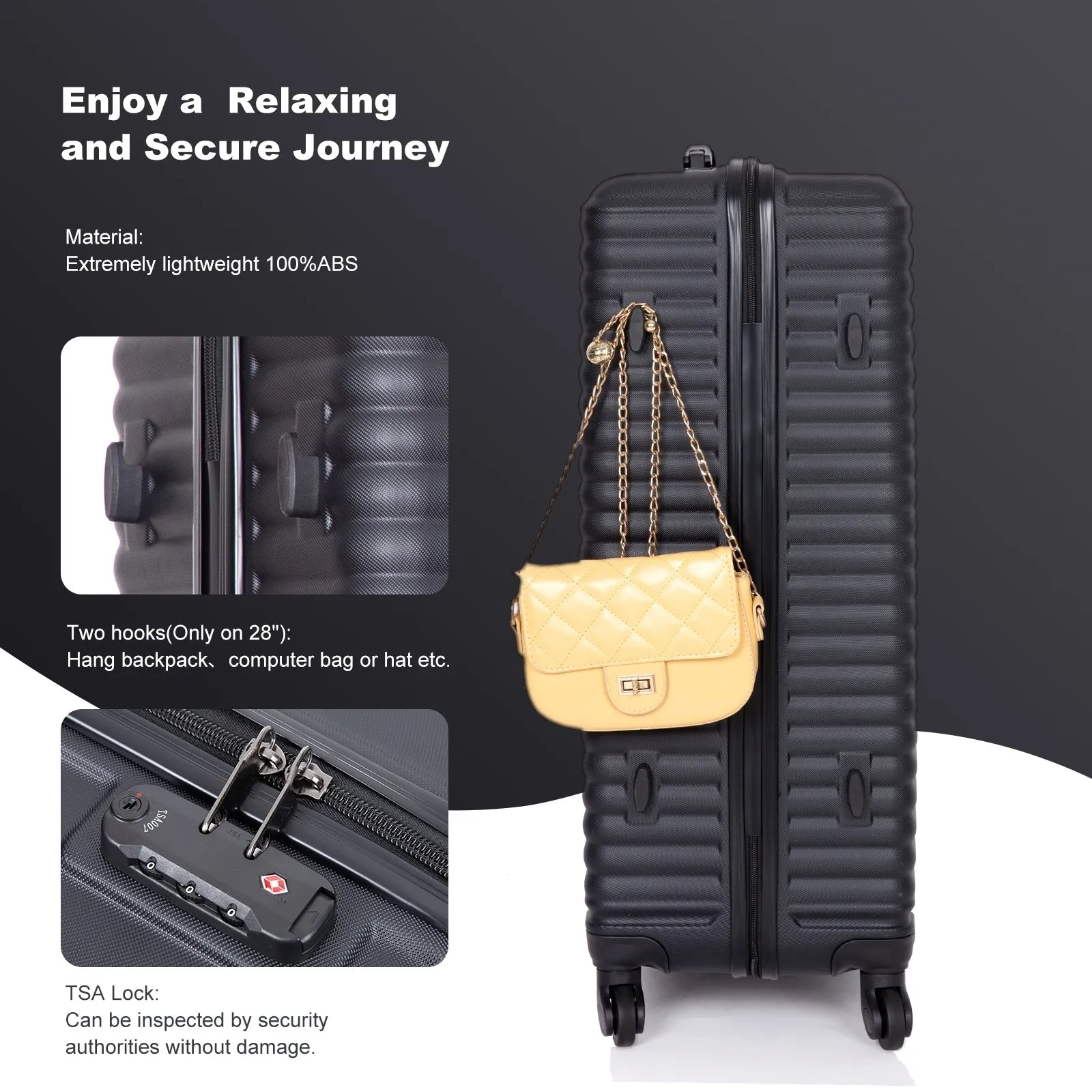 3 Piece Luggage Sets ABS Lightweight Suitcase with Two Hooks, Spinner Wheels, TSA Lock, (20/24/28)