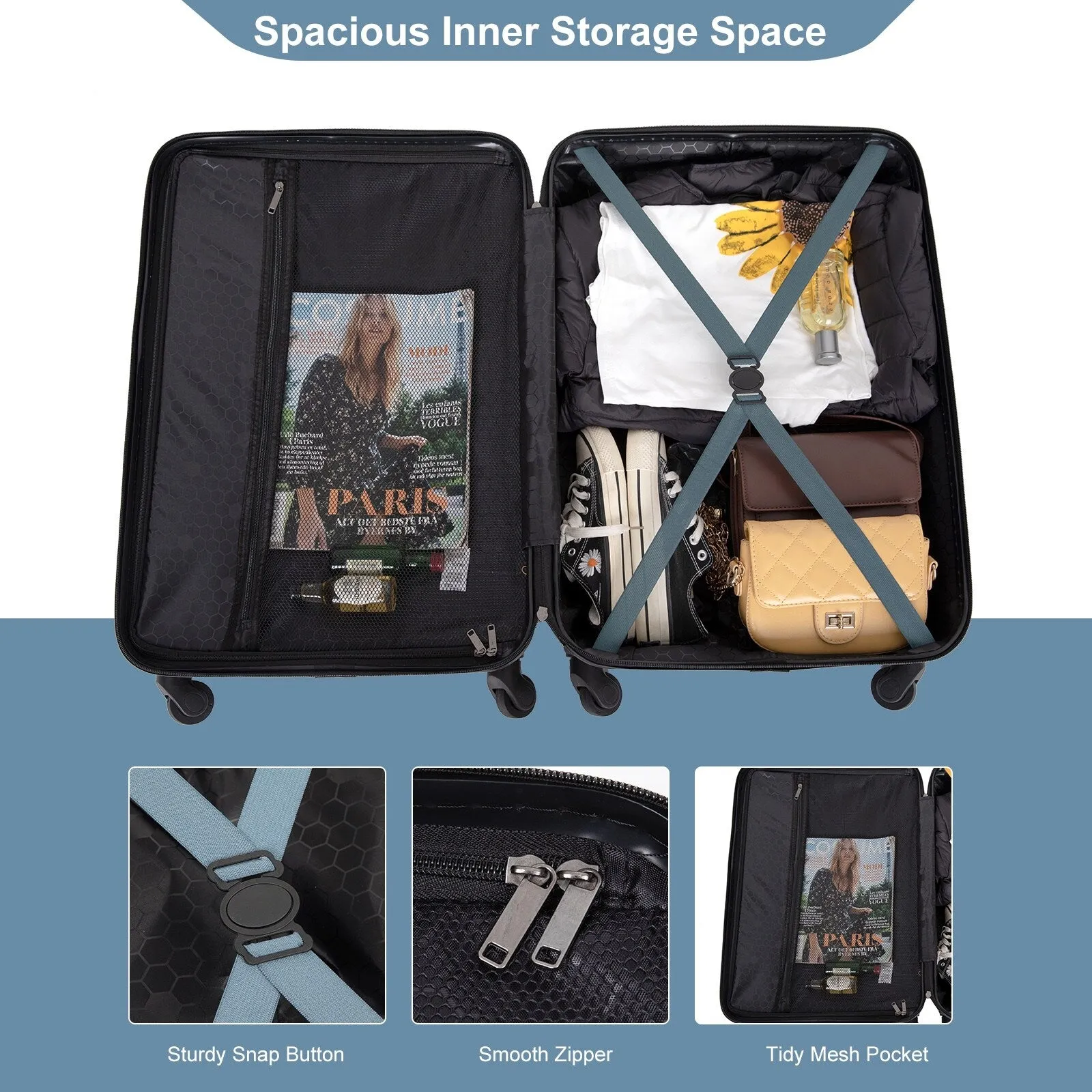 3 Piece Luggage Sets ABS Lightweight Suitcase with Two Hooks, Spinner Wheels, TSA Lock, (20/24/28)