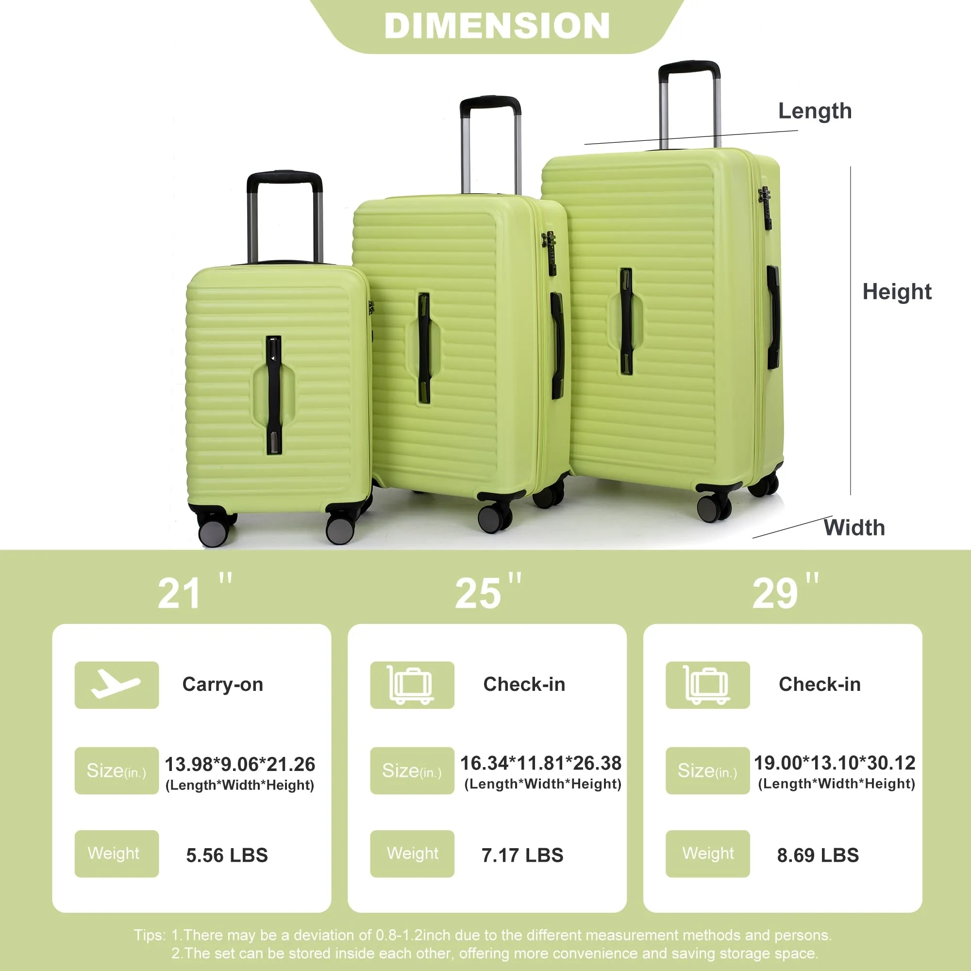 3 Piece Luggage Sets PC ABS Lightweight Suitcase with Two Hooks, 360° Double Spinner Wheels, TSA Lock, (21/25/29)