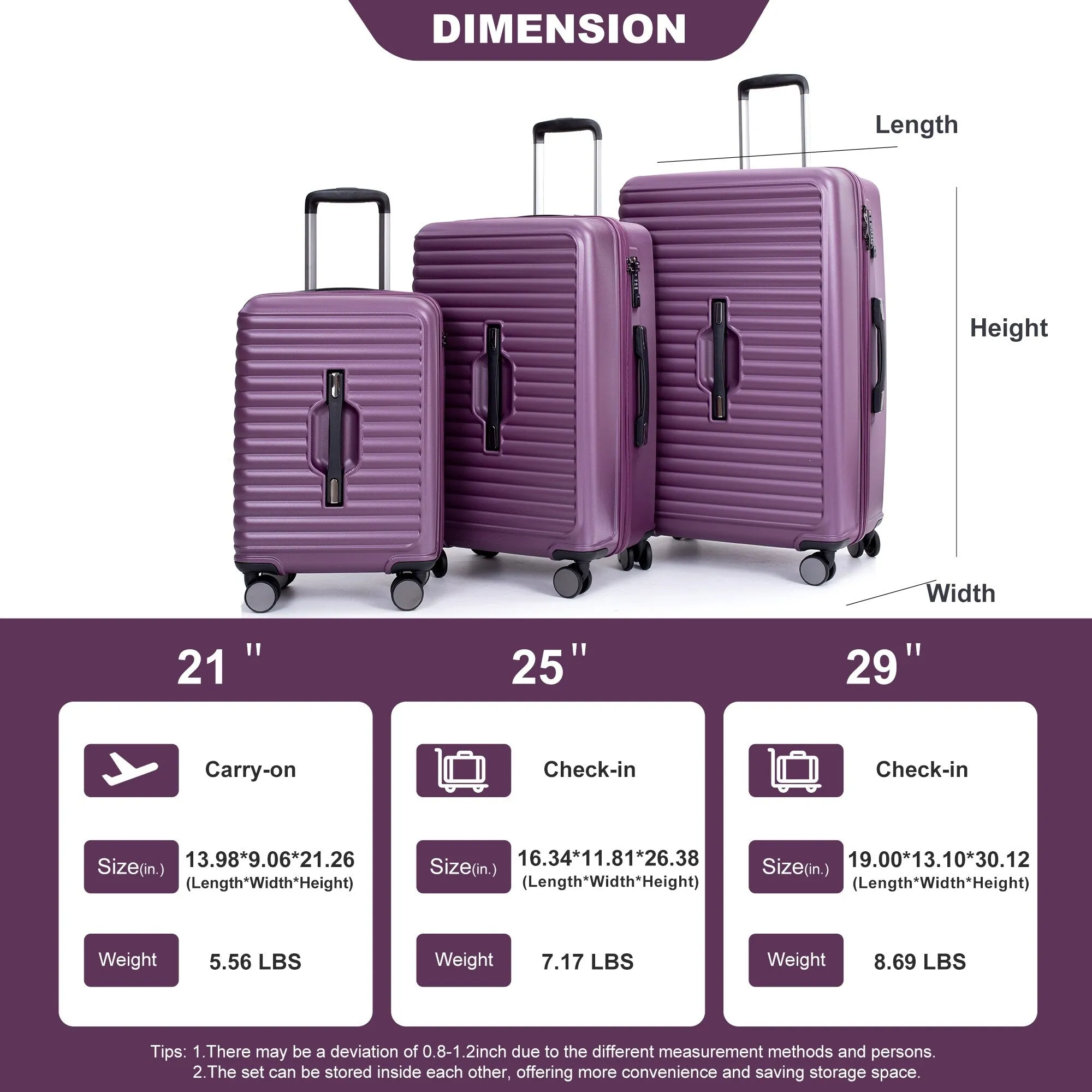 3 Piece Luggage Sets PC ABS Lightweight Suitcase with Two Hooks, 360° Double Spinner Wheels, TSA Lock, (21/25/29)