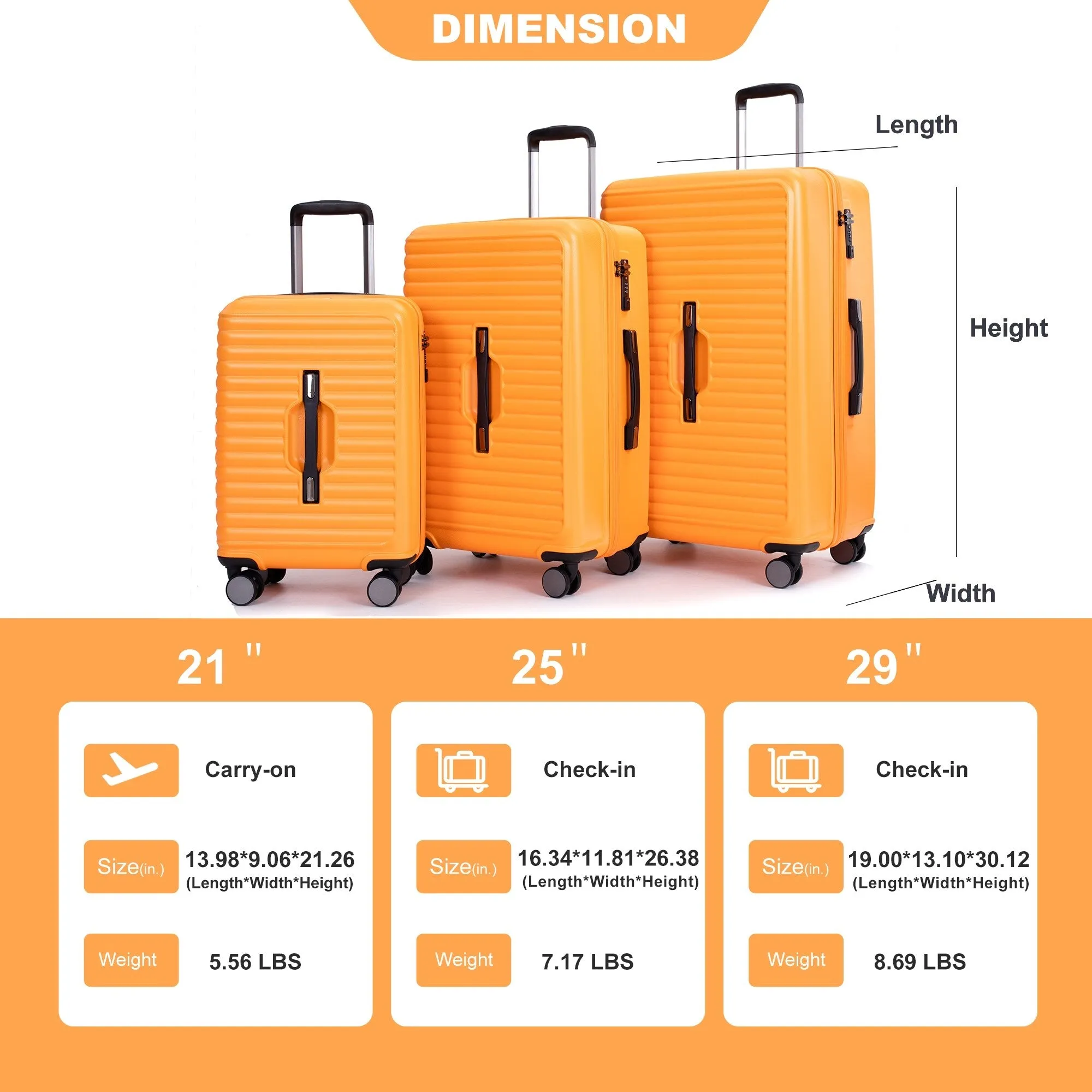 3 Piece Luggage Sets PC ABS Lightweight Suitcase with Two Hooks, 360° Double Spinner Wheels, TSA Lock, (21/25/29)