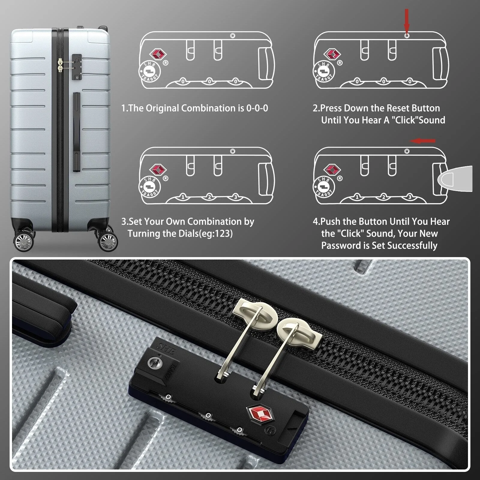 3 Piece Luggage Sets, Trunk Set, Hardside Checked Spinner Luggage Set with TSA Lock, 20in/24in/28in