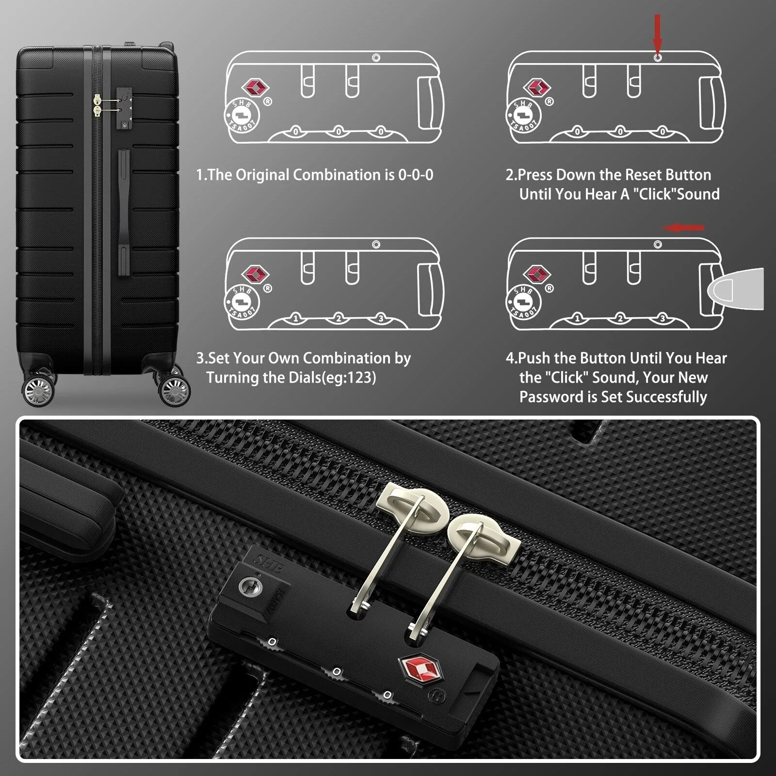 3 Piece Luggage Sets, Trunk Set, Hardside Checked Spinner Luggage Set with TSA Lock, 20in/24in/28in