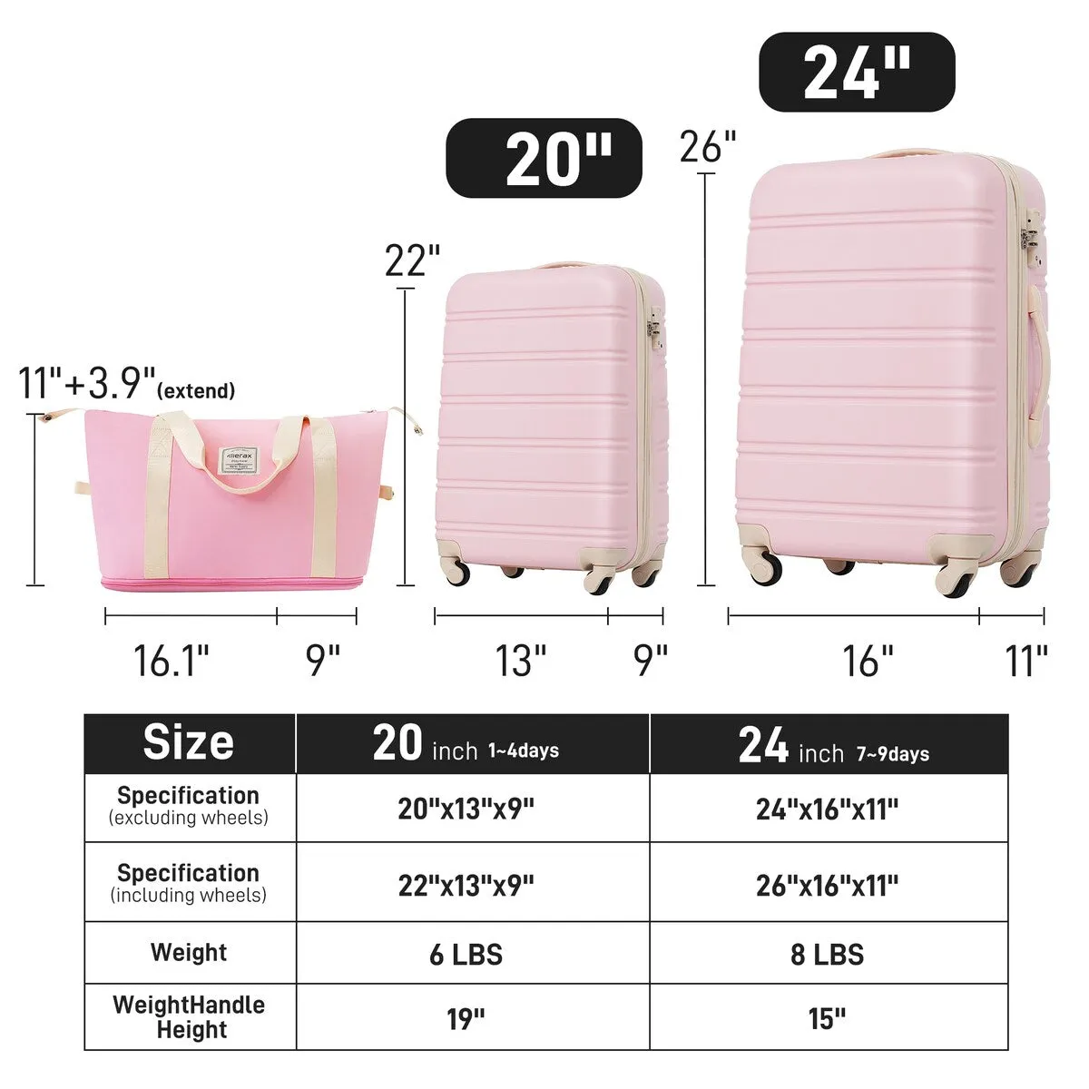 3-Piece Modern Hardshell Luggage Sets, 20'' 24'' Suitcase Bag, Lightweight Luggage with Spinner Wheels and TSA Lock