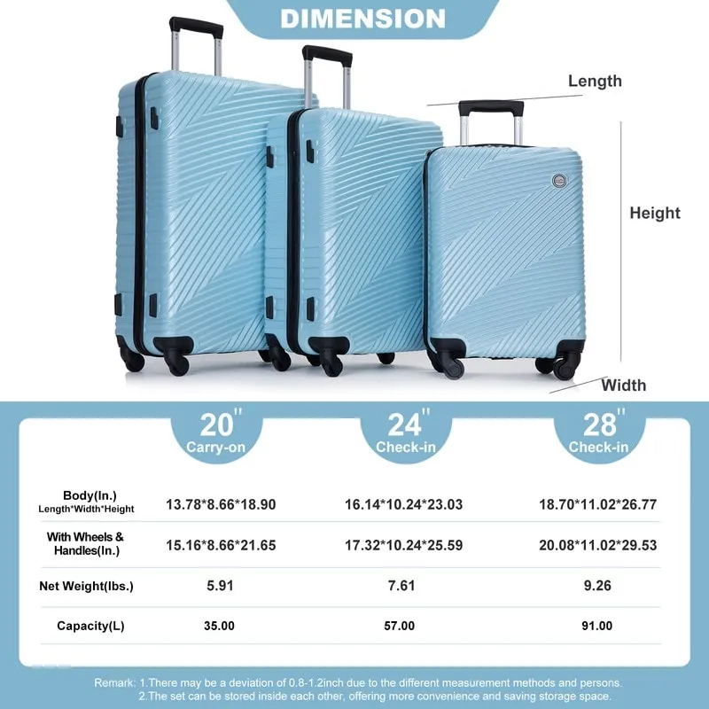 3 Piece PC ABS Suitcase Luggage Sets with Two Hooks and Spinner Wheels,Aqua Blue