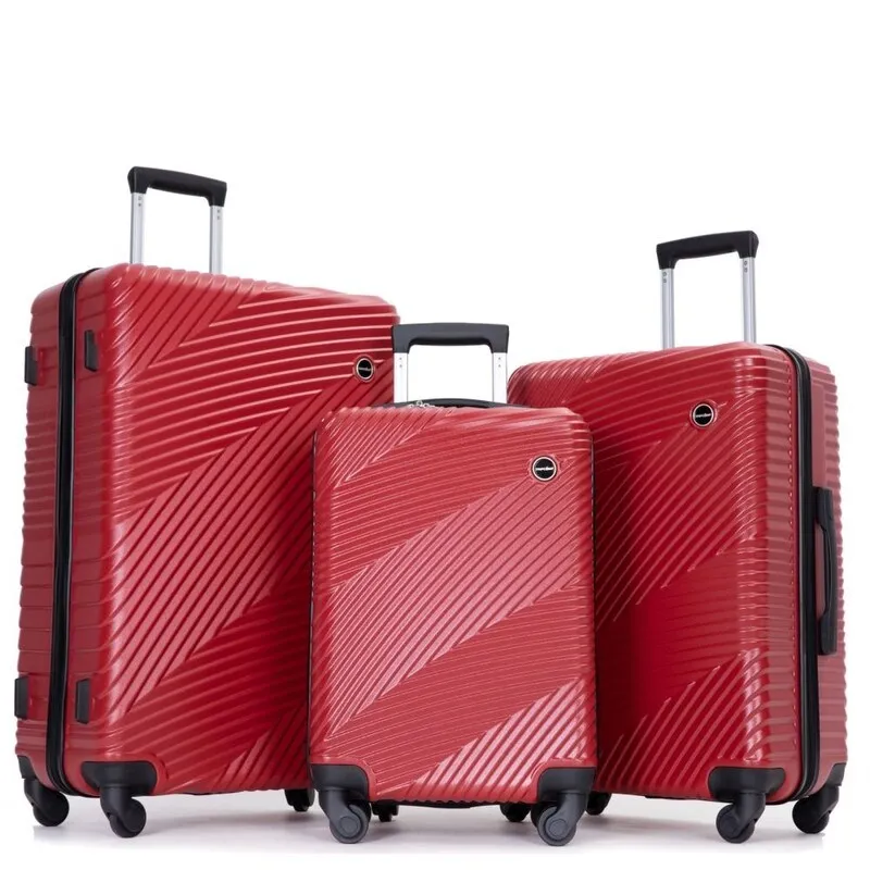3 Piece PC ABS Suitcase Luggage Sets with Two Hooks and Spinner Wheels,Red