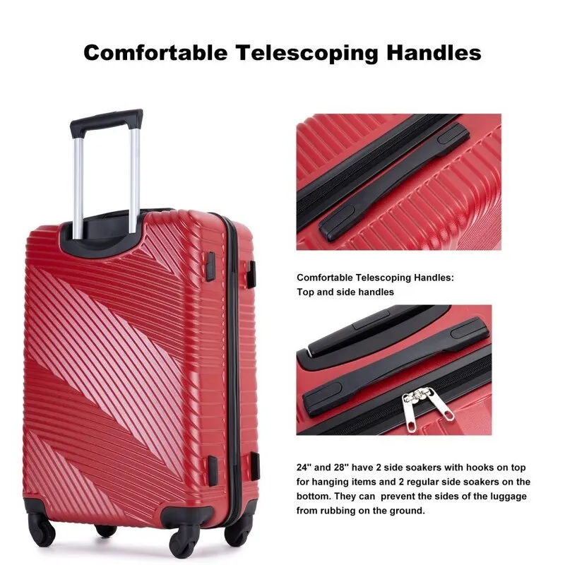 3 Piece PC ABS Suitcase Luggage Sets with Two Hooks and Spinner Wheels,Red