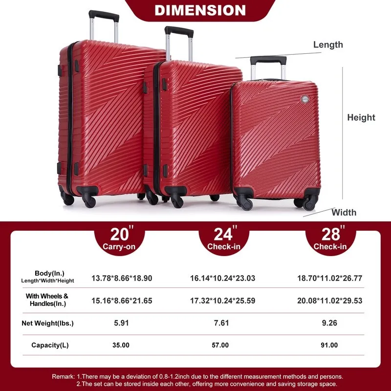 3 Piece PC ABS Suitcase Luggage Sets with Two Hooks and Spinner Wheels,Red