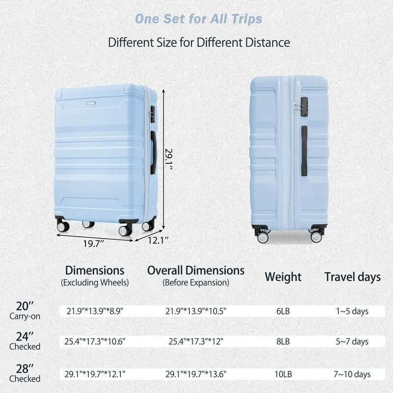 3-Piece Sets New Luggage Sets, ABS Suitcases, Expandable Luggage Trunk Set with Spinner Wheels and Side Hook