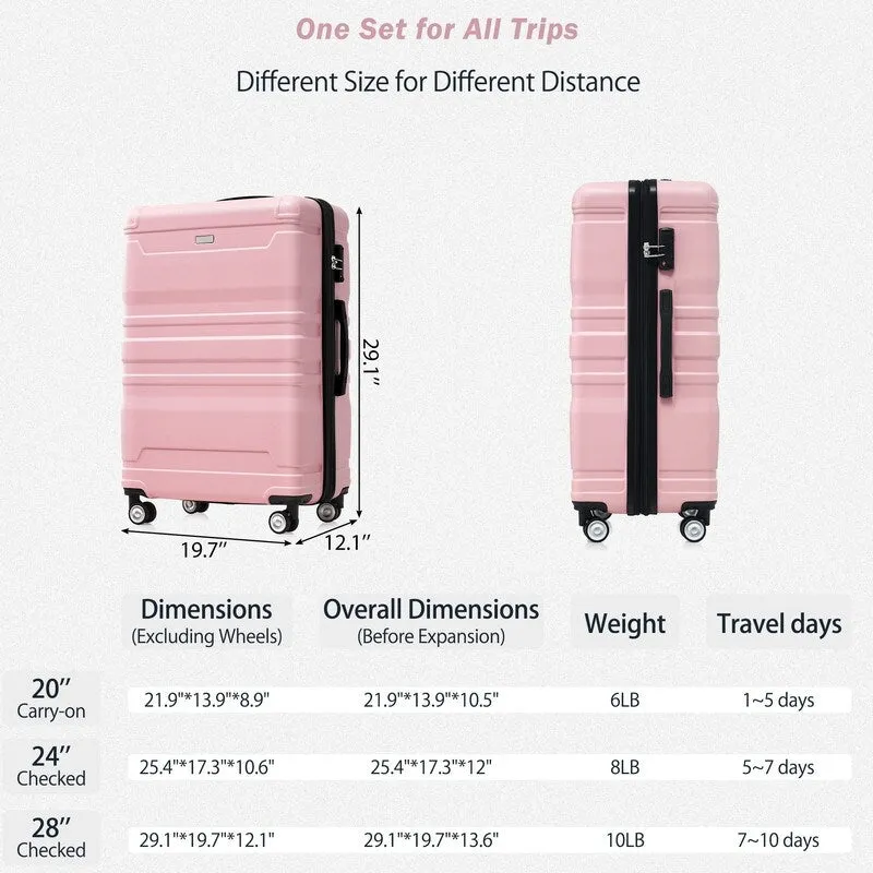 3-Piece Sets New Luggage Sets, ABS Suitcases, Expandable Luggage Trunk Set with Spinner Wheels and Side Hook