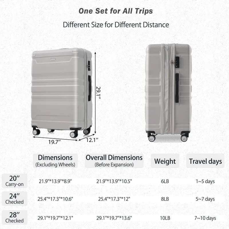 3-Piece Sets New Luggage Sets, ABS Suitcases, Expandable Luggage Trunk Set with Spinner Wheels and Side Hook