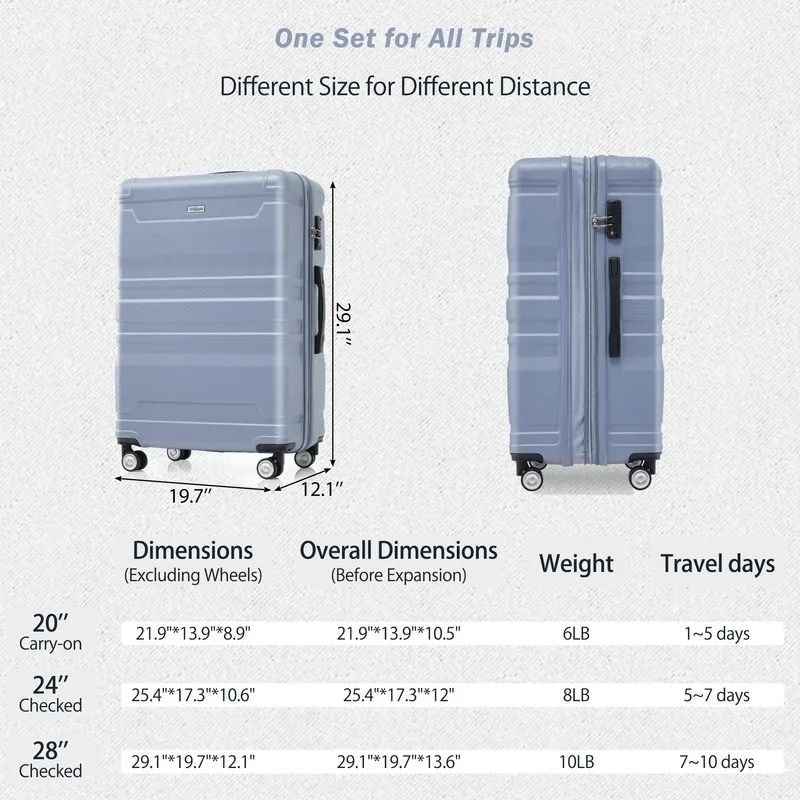 3-Piece Sets New Luggage Sets, ABS Suitcases, Expandable Luggage Trunk Set with Spinner Wheels and Side Hook