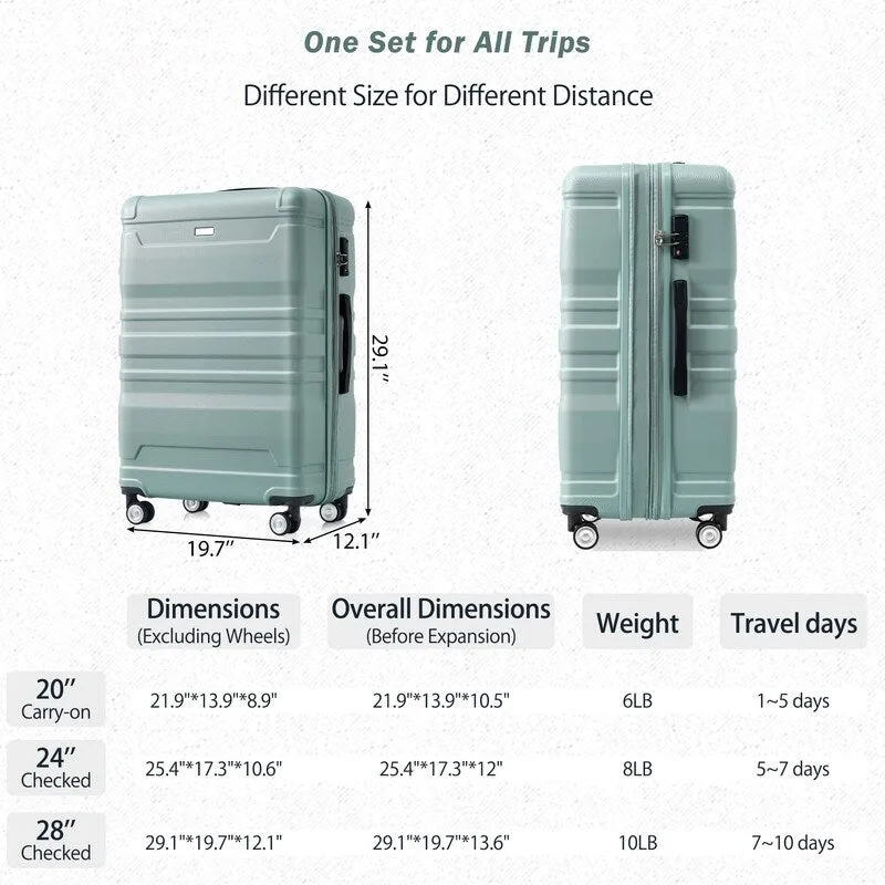3-Piece Sets New Luggage Sets, ABS Suitcases, Expandable Luggage Trunk Set with Spinner Wheels and Side Hook