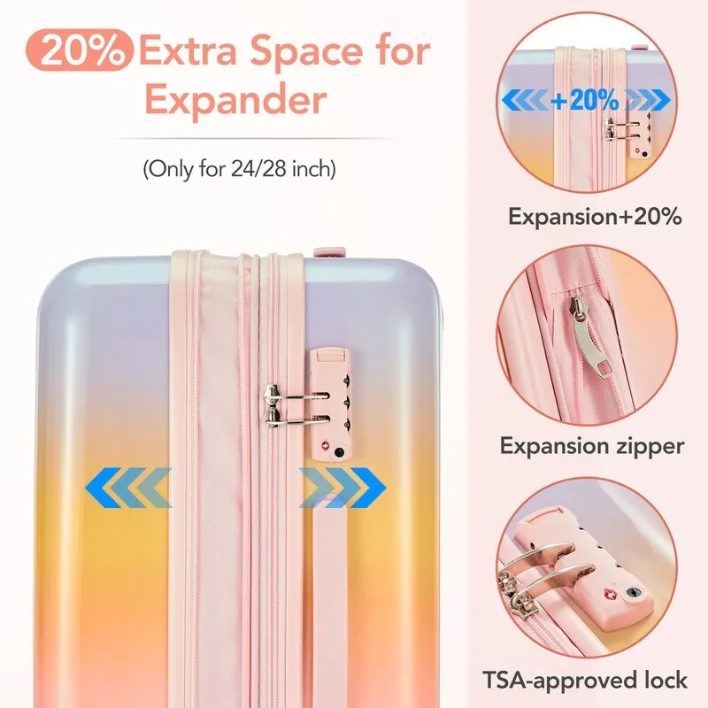 3 Pieces Rainbow Gradient Hardshell Luggage Sets, Spinner Wheels Suitcase Set with TSA Lock, Lightweight Carry on Luggage