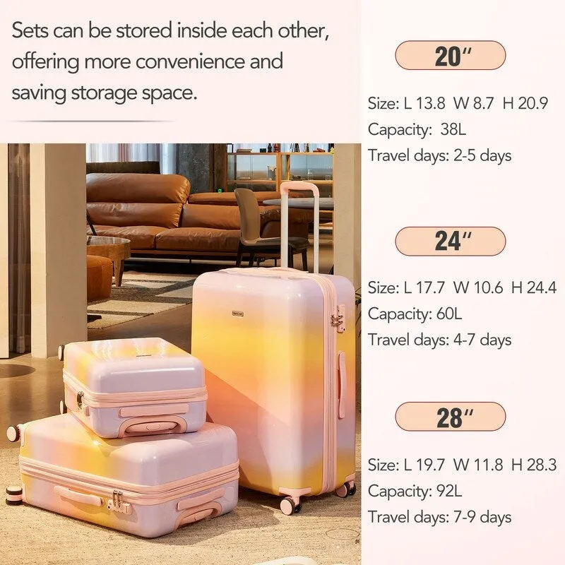 3 Pieces Rainbow Gradient Hardshell Luggage Sets, Spinner Wheels Suitcase Set with TSA Lock, Lightweight Carry on Luggage