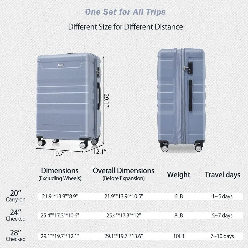 3PCS Expandable ABS Hardshell Suitcase Luggage Sets with TSA Lock,20"/24"/28"