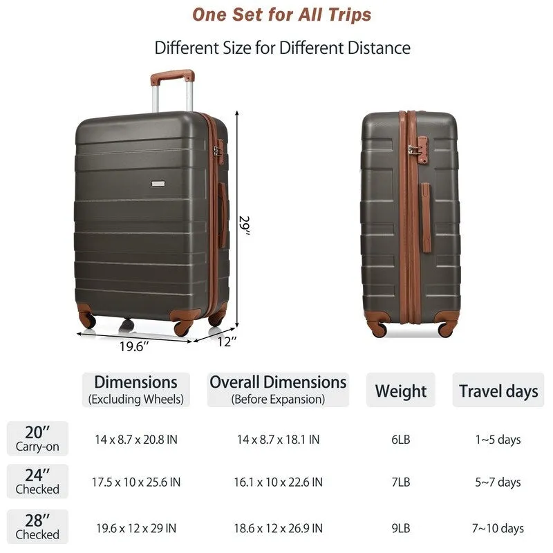 3PCS Expandable Luggage Sets ABS Hardshell Suitcase with TSA Lock and Spinner Wheels