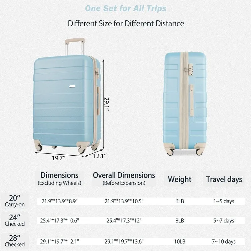 3PCS Expandable Luggage Sets ABS Hardshell Suitcase with TSA Lock and Spinner Wheels