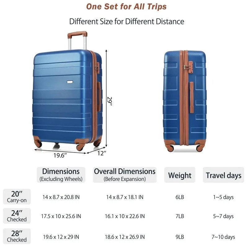 3PCS Expandable Luggage Sets ABS Hardshell Suitcase with TSA Lock and Spinner Wheels