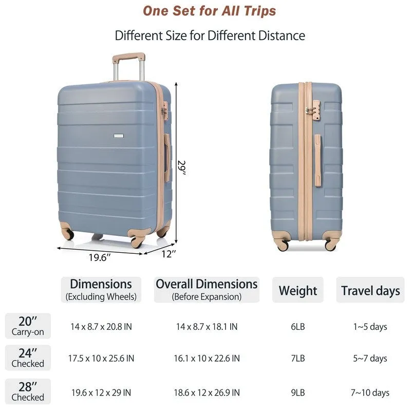 3PCS Expandable Luggage Sets ABS Hardshell Suitcase with TSA Lock and Spinner Wheels